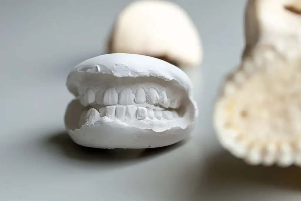A mold of teeth with a crossbite.
